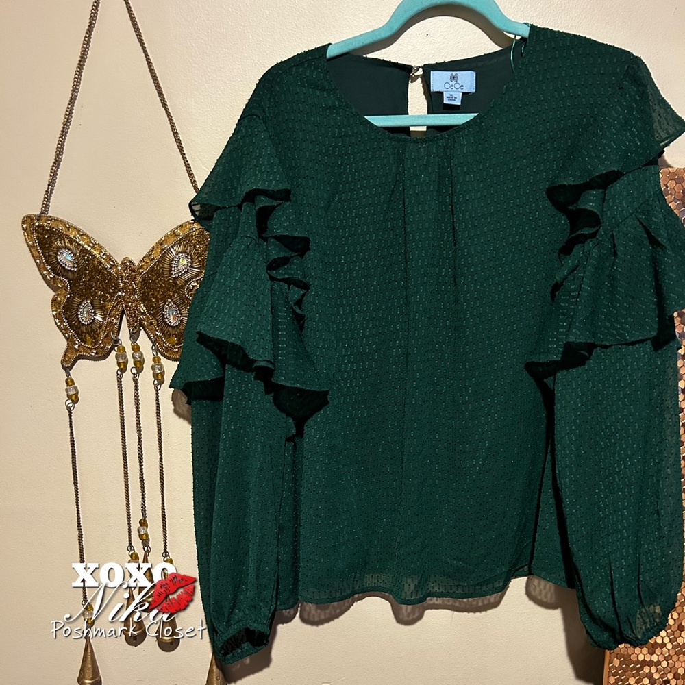 CeCe Dark Green Ruffle Long Sleeve Blouse XL